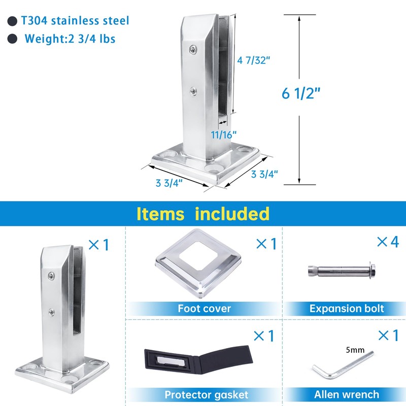 Muzata 1Pack Brushed Glass Railing Spigot Clamp Rectangle Stainless Steel