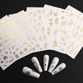 Gold Snake Nail Stickers Laser Gold Snake Nail Art Decals 3D Self-Adhesive Snake Nail Stickers Luxury Star Letter Nail Supplies Holographic Glitter Roes Star Designs for Women Nail Decoration 6 Sheets