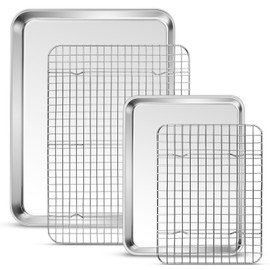 P&P CHEF Baking Sheet and Rack Set, 4 PACK (2 Sheets + 2 Racks), 2 Sizes Stainless Steel Baking Pans Cookie Sheets with Cooling Racks for Cooking & Roasting, Oven & Dishwasher Safe, Non-toxic