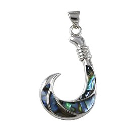 Unique Hawaiian X-Large Genuine Paua Shell Fish Hook Necklace, Sterling Silver Abalone MOP Fish Hook Pendant, N9273A