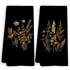 XNXLDYLH Vintage Black Dark Cottagecore Kitchen Towels and Dishcloths Sets of 2, Vintage Floral Botanical Decor Dish Hand Tea Towels for Farmhouse Bathroom Kitchen, Cottagecore Accessories, 16x24 Inch
