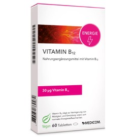 Medicom - Vitamin B12 Tablets for Energy and Vitality, Dietary Supplement, Fight Fatigue, Immune System Support, High Dosage of 30 μg per Tablet, Vegan - 60 Tablets