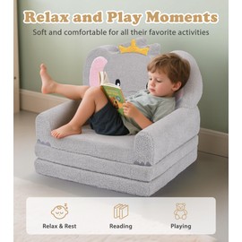 Kids Couch, 2-in-1 Soft Toddler Couch Fold Out with Blanket, Chair Comfy, Foldable Convertible Plush Sofa to Lounger, Gifts for Kids Girl Boys, Elephant