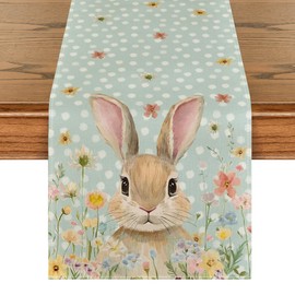 Artoid Mode Bunny Rabbit Floral Polka Dot Happy Easter Table Runner,Seasonal Spring Kitchen Dining Table Decoration for Home Party Decor 13x108 Inch