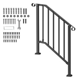 Happybuy 2-3 Step Handrail Kit, Black Retro Carbon Steel Stair Railings for Seniors, Outdoor Concrete Steps & Porch Deck, Transitional Arch Design