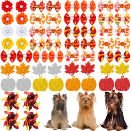 60Pcs/30Pairs Fall Dog Hair Bows with Rubber Bands Maple Leaf Pumpkin Orange Dog Grooming Bows Girls Puppy Bows for Small Medium Large Dogs Yorkie Pet Hair Grooming Accessories
