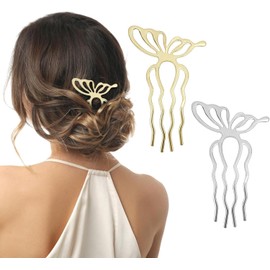 Metal Hair Side Combs 2 Pcs Butterfly Gold Sliver Head Stick For Updos Large Vintage Hair Pin Decorative Accessories Twist Fork Clip For Styling Messy Bun Maker For Women Girls (Gold and silver, One Size)