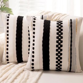 WANLIRD Boho Throw Pillow Covers 18x18 Set of 2 Farmhouse Decorative Cushion Case Striped Square Pillows Cover Chenille Pillow Cases Accent Neutral Pillowcase for Sofa Couch Bed,Black