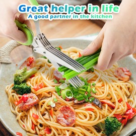 Herb Scissors, Herb Stripper with 5 Blade and Cover, Vegetable Salad Cutter, Stainless Steel Peelers for Kitchen, Chopping Chive, Salad, Collard Greens, Parsley, Multifunction Scissors Set