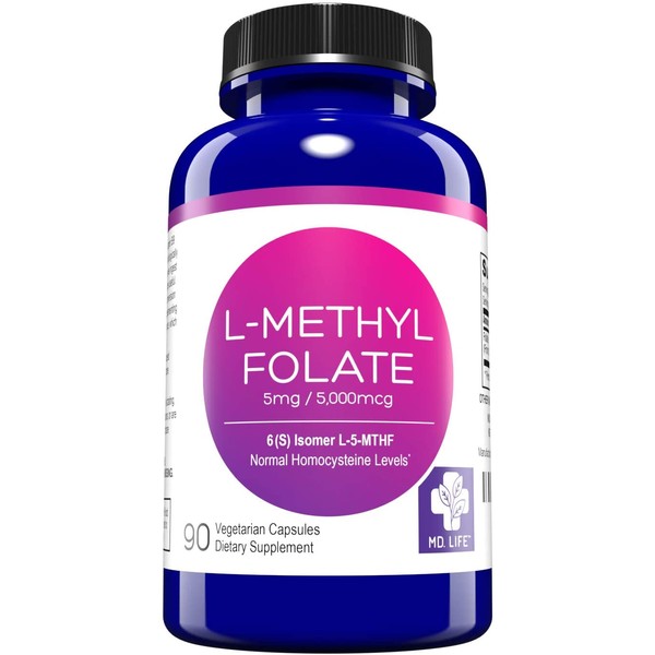 MD. Life L-Methylfolate 5 mg Active Folate 5 Mthfr Support Supplement Professional Strength Methyl Folate - Essential Amino Acids & Brain Supplement- Vegan 90 Purple Carrot Capsules