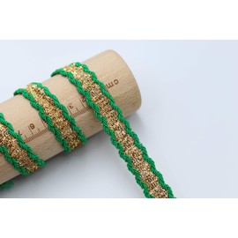 Feathers Creation 3 Meters 15 MM Beautiful Color with Gold Zari in Center Braided Lace Craft Embellishment Decoration,sew on or Christmas Decoration (Green)