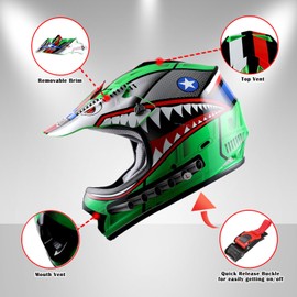 1Storm Youth Motocross Helmet Kids Motorcycle Bike Helmet Shark Green + Goggles + MG Youth Green Glove Bundle