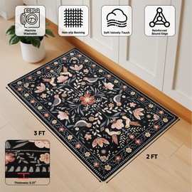 SREORN Black Jungle Animal Area Rug, 2x3 Kitchen Non-Slip Washable Ultra-Thin Soft Mat, Front Door Indoor Entry Easy Clean Vintage Style Low Pile for Bathroom Bedroom (2x3ft, Black)