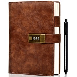 CAGIE Journal with Lock for Men Refillable 192 Lined Pages Locked Journal with Pen A5 Diary with Lock for Writing Travel Gift, 5.7x 8.5 Inches, Brown