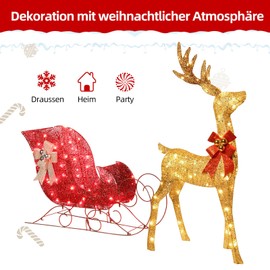 Lighted Christmas Decorations Reindeer & Sleigh 2 Pcs, HOYECHI Light up Christmas Decor Deer Set for Indoor Home Outdoor Front Yard Porch with LED Lights, Extension Cord, Plug, Ground Stakes - Gold