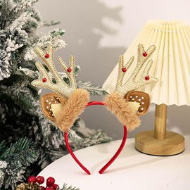 WULIUFLY Christmas Headbands for Women - Gold Antlers Ears, Xmas Hair Band, Cute Brown Glitter Costume Accessories for Holiday Party Cosplay