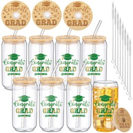 Tioncy 8 Pcs Graduation Gifts Class of 2025 Glass Drinking Cups with Lids and Straw for Her Him Congrats Grad Can Shaped Coffee Cups, 16 oz College Graduation Masters Degree Graduation Gifts(Green)