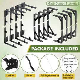 Otoolling 4 Sets Heavy Duty Anti-sag Fence Gate Hardware Kit with Hinges and Latch Door Brace Bracket for Farm Outdoor Garden Backyard Wooden Fence Deck Porch Gate