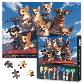 1000 Piece Jigsaw Puzzles for Adults Corgi Puppies Painting Jigsaw Puzzle the Group of Corgi Puppies on the Roof of the Car 1000 Pieces Puzzles Game Home Wall Decor DIY Craft Dog Puzzle Art Gift
