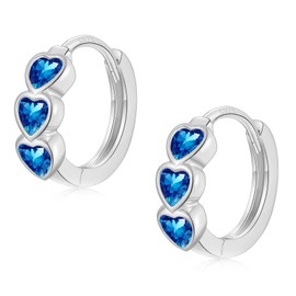 Sterling Silver Hoop Earrings for Women Girls, Silver Small Huggie Hoop Earrings | Hypoallergenic Blue Heart Cubic Zirconia Hoops Earring Jewellery Gift for Girls