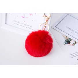 [2 Pack] Pom Pom Keychain Fluffy Ball Faux Fur Fashion Accessory Decoration Comfy for Bag Purse Keys Accessory Gift; with Ring and Trigger Clip; Large Ball 3”; Red and Pink
