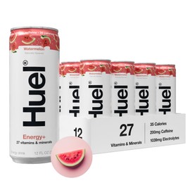 Huel Energy+ | Watermelon Energy Drink | Refreshing Plant-Based Drink with Real Fruit | 200mg of Caffeine and 27 Vitamins & Minerals | 35 Calories per 12 FL Oz, 12 Pack