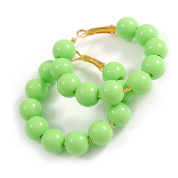 Medium Size Lime Green Acrylic Bead Hoop Earrings in Gold
