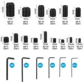 Pack of 300 Grub Screws Assortment, Metric Screw-In Sockets Mounting Screws Carbon Steel, M2.5/M3/M4/M5/M6/M8 Hex Socket Screws Thread for Door Handles, 5 Pieces Allen Key