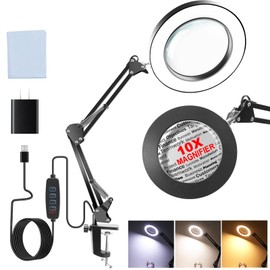 Dayacoco 10x Magnifying Glass with Light and Stand, Magnifying Lamp with 3 Color Modes, Led Lighted Desk Lamp with Clamp, Hand-Free Magnifier with Light for Reading, Handmade, Repair Work