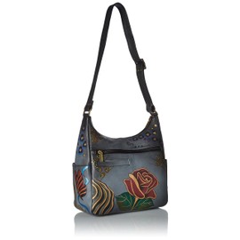 Anna by Anuschka Women's Genuine Leather Large Hobo Handbag | Zip-Top Multi-Compartment Tall Organizer | Rose Safari Grey