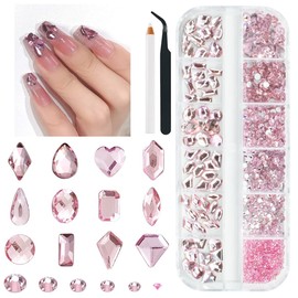 qiipii 1300Pcs Pink Nail Rhinestones Light Pink Rhinestones for Nails 60 Multi Shapes Big Gems +1240 Flatback Round Beads K9 Glass Crystals Diamonds Jewels Nail Charms Nail Art for Nails Faces Makeup