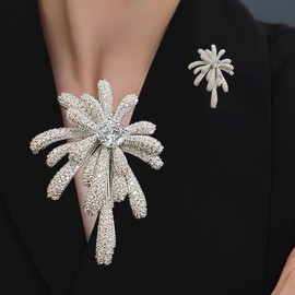 Rhinestone Firework Brooch Pin for Women Silver Gold Plated Clear Crystal Flower Brooches Lapel Pins Suit Collar Dress Accessories Birthstone Decoration Jewelry Gift for Carnival Christmas, 3.72cm