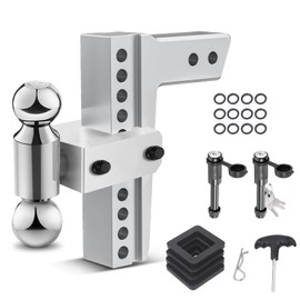 Adjustable Trailer Hitch for 2.5” Receiver, 12,500 LBS GTW Aluminum - 10” Drop/Rise with 2-inch and 2-5/16 inch Dual Ball, w/Anti-Theft Lock & Tow Hitch Tightener Silver