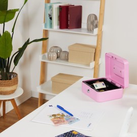 Relaxdays Lockable Cash Box, Removable Insert, 5 Compartments, Iron Money Box, H x W x D: 8.5 x 20 x 17 cm, Pink