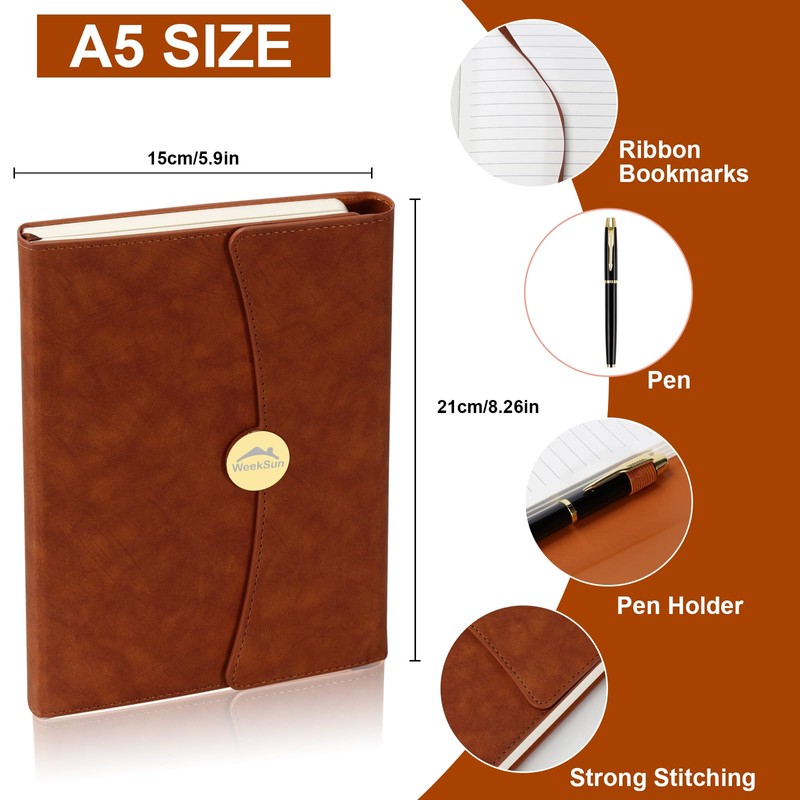 WEEKSUN A5 Leather Notebook, Round Buckle Magnetic Retro Executive Notebooks