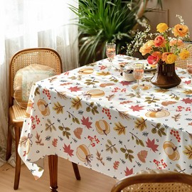 LOSIVISHE Thanksgiving Waterproof Tablecloth – Fall Harvest Pumpkins, Maple Leaves & Berries Print – Autumn Rectangle Table Cover for Dining or Party, White, W60 x L84 in