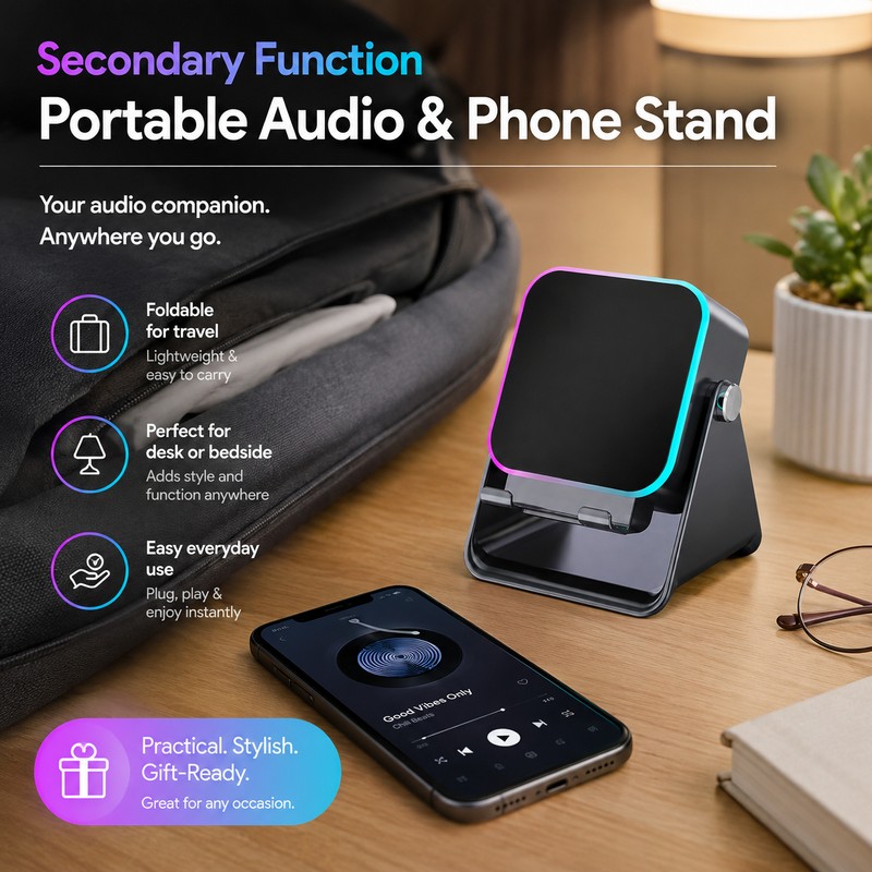 Foldable Phone Stand with Induction Speaker & Light – 5000mAh