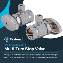 Eastman 1/4 Inch OD Compression x 1/2 Inch FIP Compression Multi-Turn Angle Stop Valve, Brass Plumbing Fitting, Chrome, 04129LF
