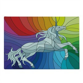 Ambesonne Unicorn Cutting Board, Stained Glass Themed Mosaic Graphic of Magic Horse on Rainbow Colors Tile Art, Decorative Tempered Glass Cutting and Serving Board, Large Size, Red Aqua