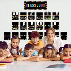 81 Pieces Classroom Jobs Chart Class Jobs Bulletin Board Pocket Chart Black Colorful Teacher's Helper Chalkboard Classroom Decoration for Back to School