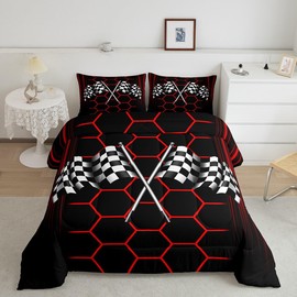 Manfei Checkered Flag 3 Pcs Queen Size Comforter Set,Extreme Sports Theme Down Alternative Adults Room Decor,Red Honeycomb Geometry Ultra Soft Microfiber Inner Fill 3Pcs Bedding