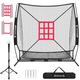 BAGAIL 7x7 ft Baseball & Softball Practice Net with Bow Frame for Batting, Hitting, Pitching, Portable Baseball Throwing Net with 2 Strike Zone Batting Tee, Carry Bag, Great for All Levels