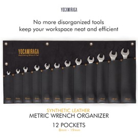 YOCAMIRAGA Metric Wrench Organizer, Black Synthetic Leather Wrench Roll Up Pouch, 12 Pocket Metric, Wrench Holder Organizer. Heavy Duty Tool Set Organizer.