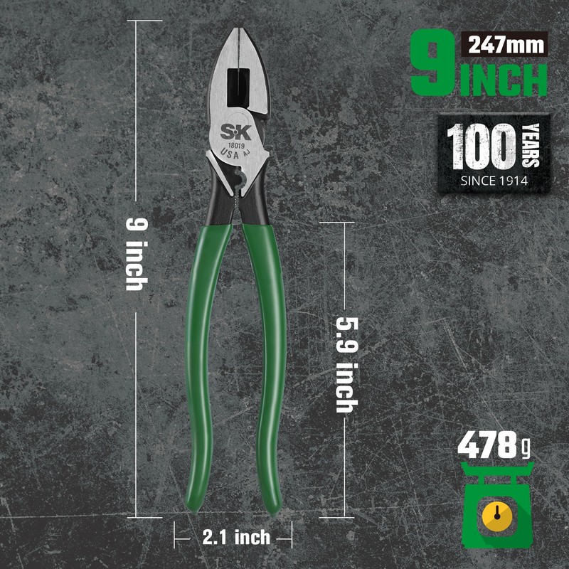SK Tools USA 9-Inch Linesman Pliers, Wire Cutters with Heavy