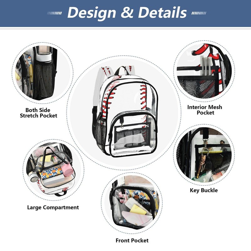 Clear Backpack Transparent School Backpack Heavy Duty PVC Bookbag Baseball