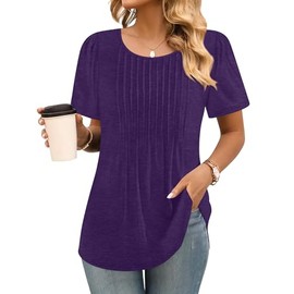 Elesomo Women Shirts Short Sleeve Round Neck T Shirts Pleated Long Tops, Purple XXL