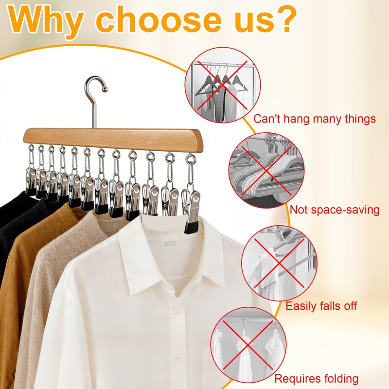 Closet Organizer with 10 Clips, 2 Pack Wooden Hanging Storage