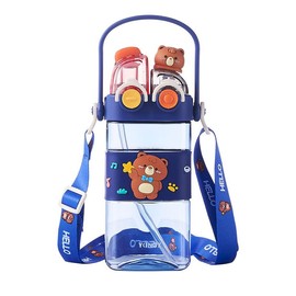 Cartoon pattern children's drinking cup 1 large capacity water bottle two drinking methods home office school drinking cup with straw lanyard children's gift:_Purple