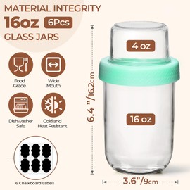 ComSaf 6-Pack 16 oz Overnight Oats Containers with Lids, Dual-Layer Chia Pudding Jars with Dry and Wet Separation, Yogurt Parfait Cups for Oatmeal Cereal Nut Fruit, Meal Prep Glass Jars for Salad