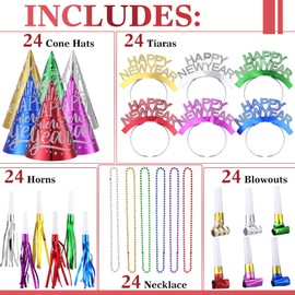 Foilswirl 120 Pcs New Years Eve Party Supplies 2025 Happy New Year Cone Hats Glitter Headband Tiara Beaded Necklace Tassel Squawkers Curled Squawkers(Red, Green, Gold, Blue, Purple, Silver)